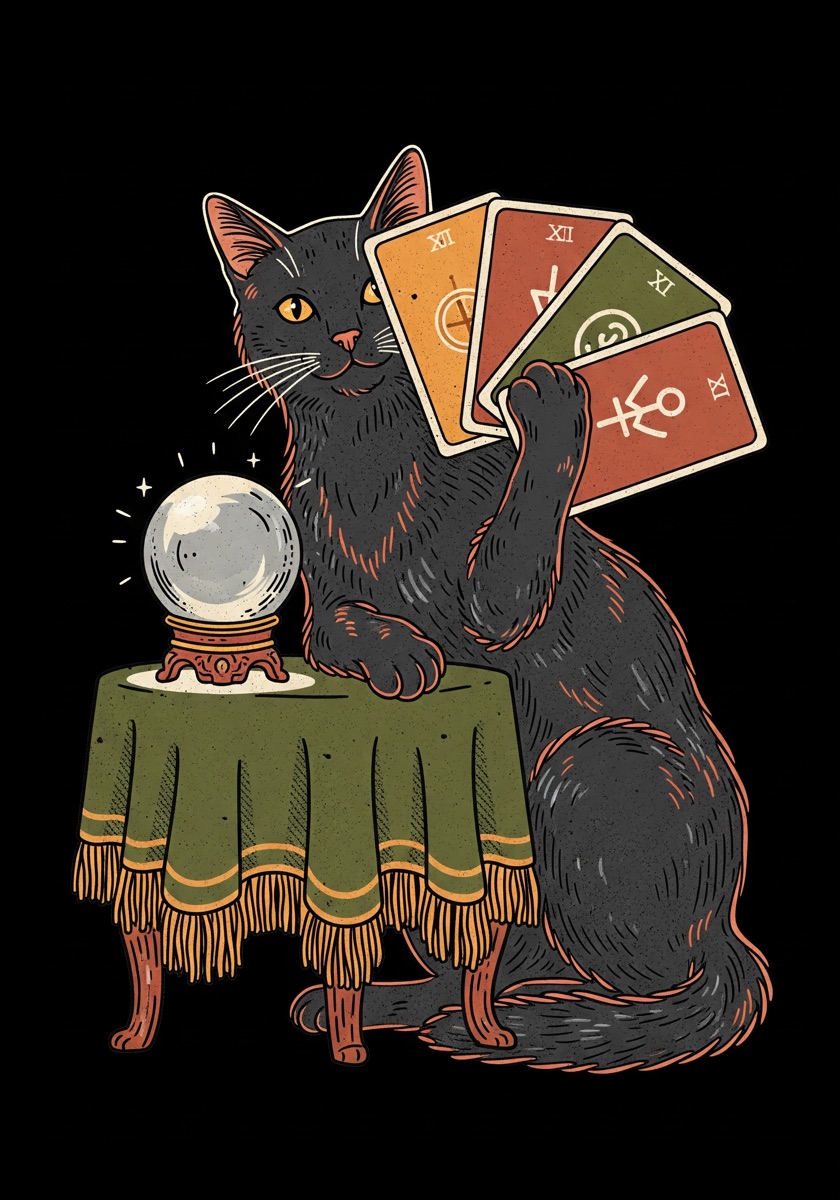 Vintage screen-print design of a black cat fanning tarot cards beside a glowing crystal ball