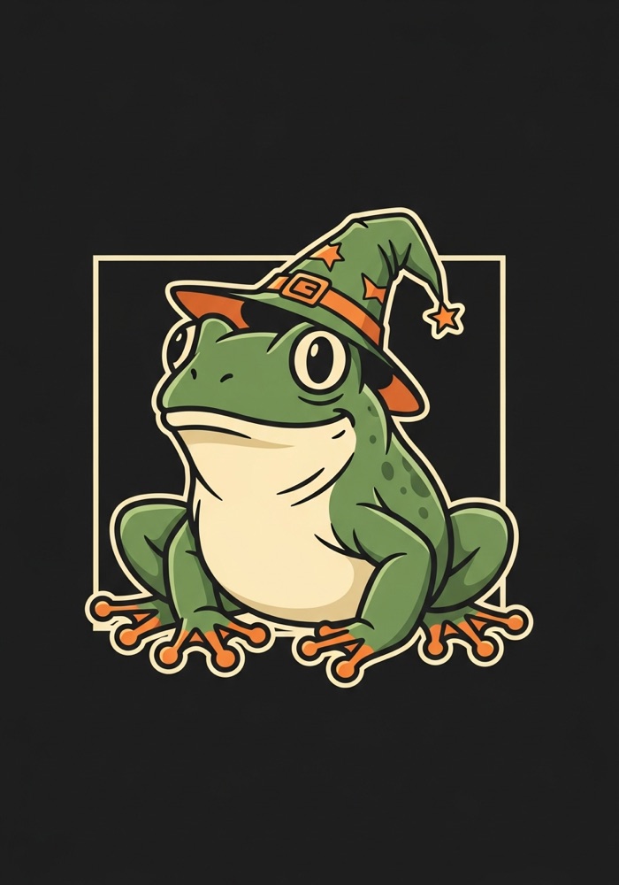 Retro cartoon design of a smiling frog wearing a small wizard hat, outlined sticker-style on a dark background